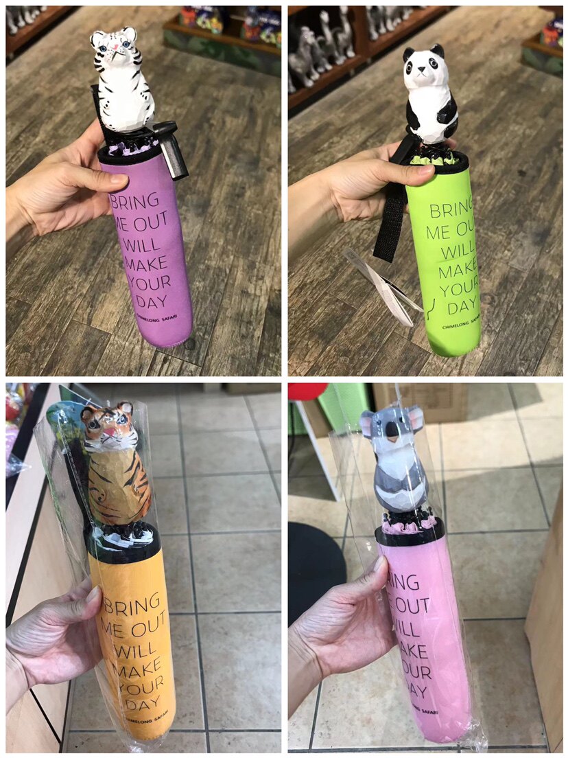 广州长隆纪念品雨伞工木雕动物长颈鹿老虎熊猫白虎考拉木柄三折伞
