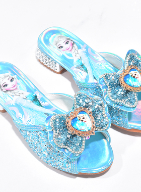 夏季儿童拖鞋冰雪奇缘艾莎蓝色公主鞋女童高跟鞋闪钻小女孩凉拖鞋