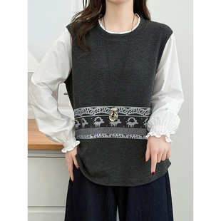 200斤胖mm拼接假两件T恤2026新款 女装 宽松显瘦设计感上衣 大码 翠袖