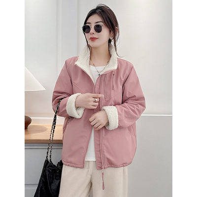 翠袖大码女装立领棉服外套女秋冬2025新款加绒加厚夹克羊羔毛上衣