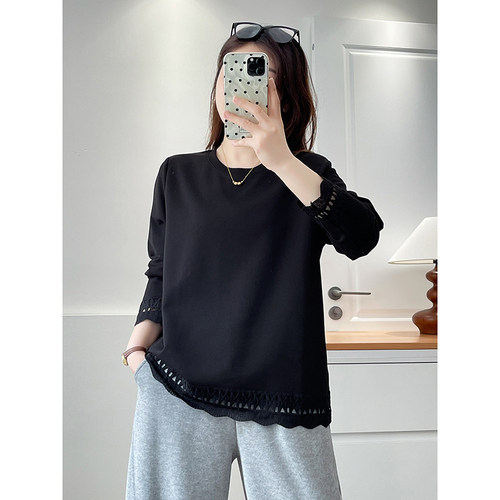 翠袖大码镂空花边长袖T恤女装2026新款春季胖mm独特漂亮早秋上衣