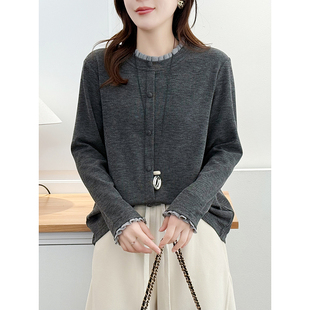 T恤内搭打底衫 翠袖 设计感木耳边拼接长袖 女装 女秋冬百搭卫衣 大码