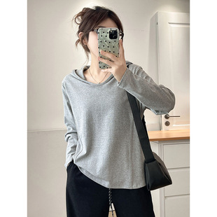 胖mm连帽衫 纯色长袖 T恤女2026新款 翠袖 春季 秋装 巨好看 上衣 大码