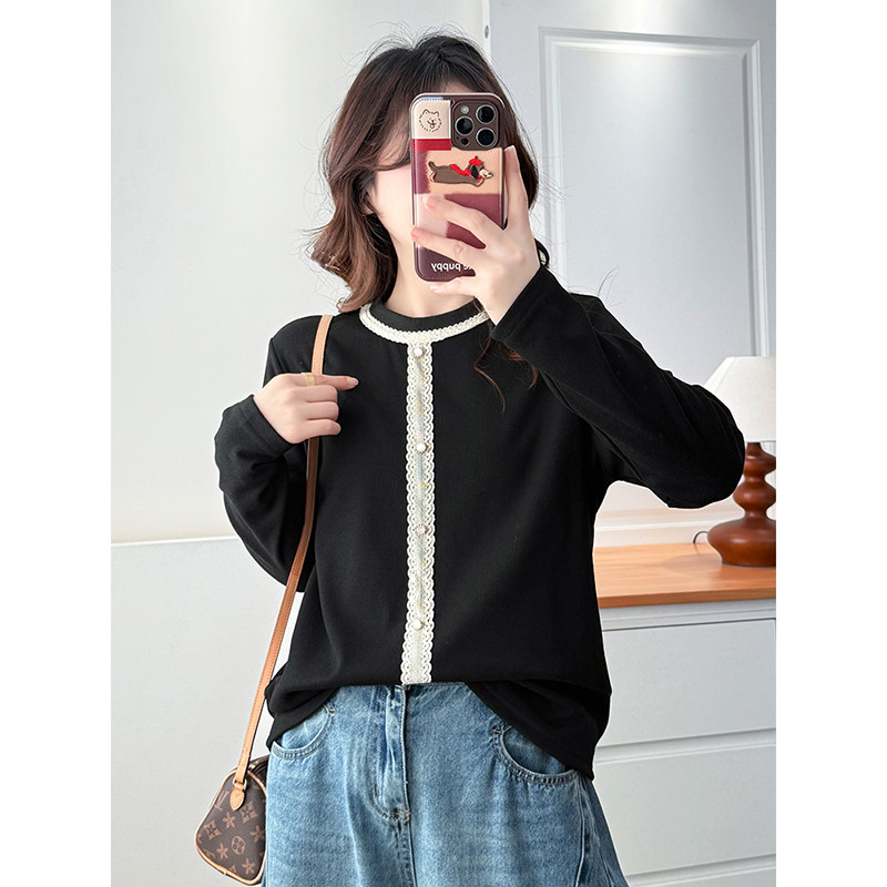 翠袖大码女装蕾丝拼接长袖打底衫女秋季新款胖mm显瘦T恤百搭上衣