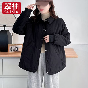 翠袖大码女装春秋韩版显瘦衬衫式棉服外套女2026新款胖mm轻薄棉衣