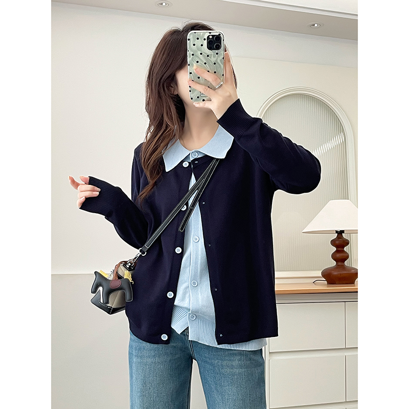 翠袖大码女装2025秋季新款假两件翻领毛衣外套胖mm显瘦针织衫上衣