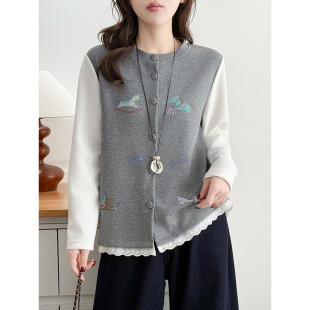 胖mm开衫 大码 春季 假两件小马印花卫衣女2026新款 百搭显瘦上衣 女装