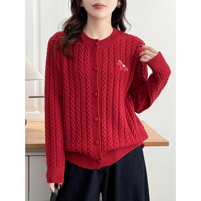 大码女装2026新款秋冬本命年红色毛衣女胖mm宽松麻花针织开衫上衣