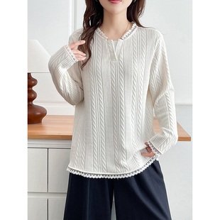 蕾丝拼接长袖 女装 T恤女2025新款 秋季 宽松上衣 翠袖 胖mm打底衫 大码