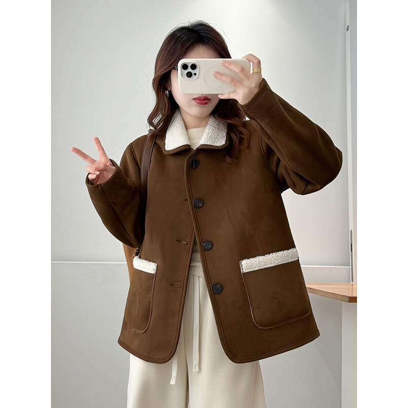 翠袖大码女装鹿皮绒皮毛一体加厚外套女秋冬季新款宽松羊羔毛上衣