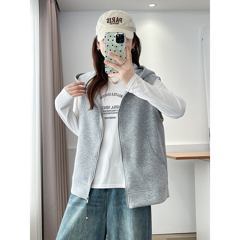 翠袖大码女装胖mm时髦洋气马甲女款2025新款秋季连帽马夹背心外套