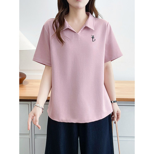 翠袖大码女装胖mmPOLO领短袖T恤女夏季新款刺绣宽松显瘦减龄上衣