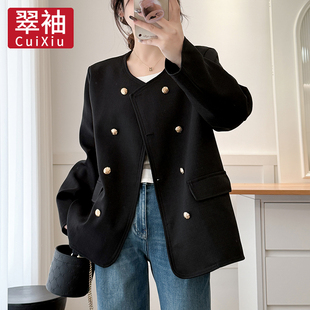 大码 春秋季 女装 双排扣小香风外套女2025新款 宽松夹克上衣 韩版 翠袖