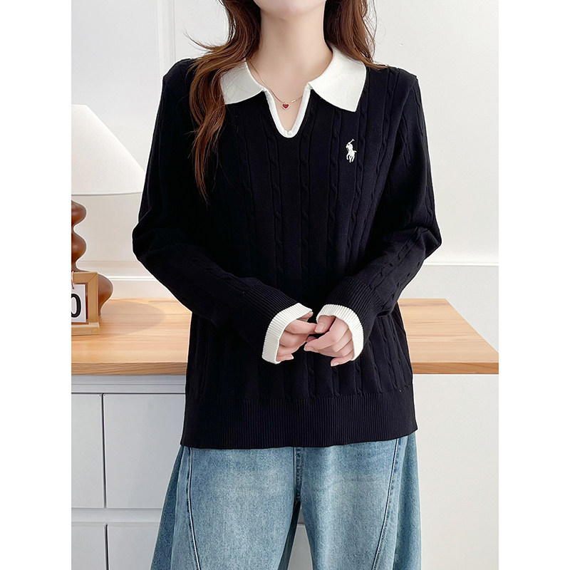 大码女装胖mm撞色减龄毛衣翻领麻花针织衫女秋冬新款百搭显瘦上衣