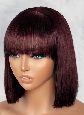 2x4 Human Hair Short Bob Wig Straight With Bang 2x4 真人
