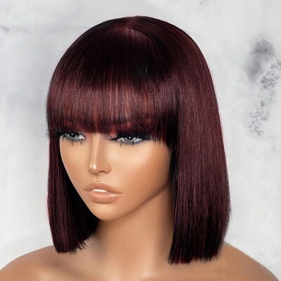 2x4 Human Hair Short Bob Wig Straight With Bang 2x4 真人