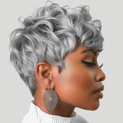 欧美女士新品假发 灰色短卷发Pixie short wigs 高温丝化纤头套