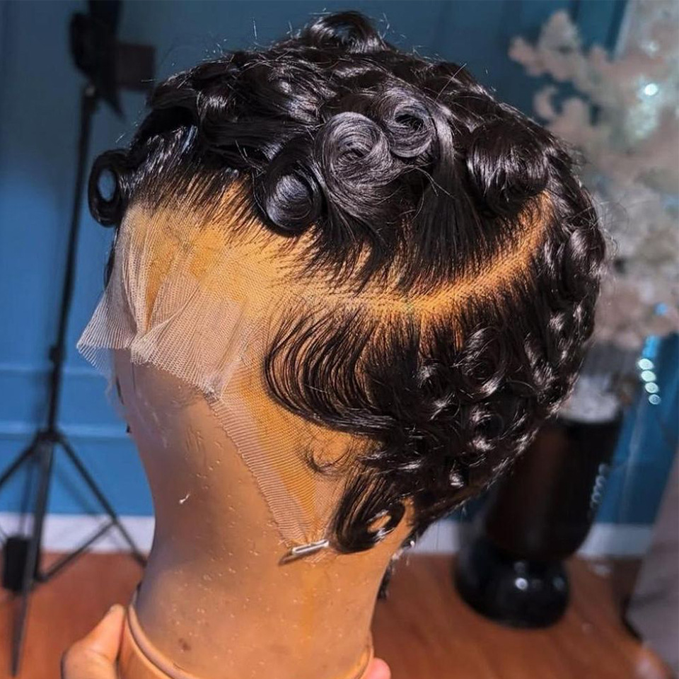 非朝鲜发块pixie卷发lace frontal humanhairwig外贸假发头套
