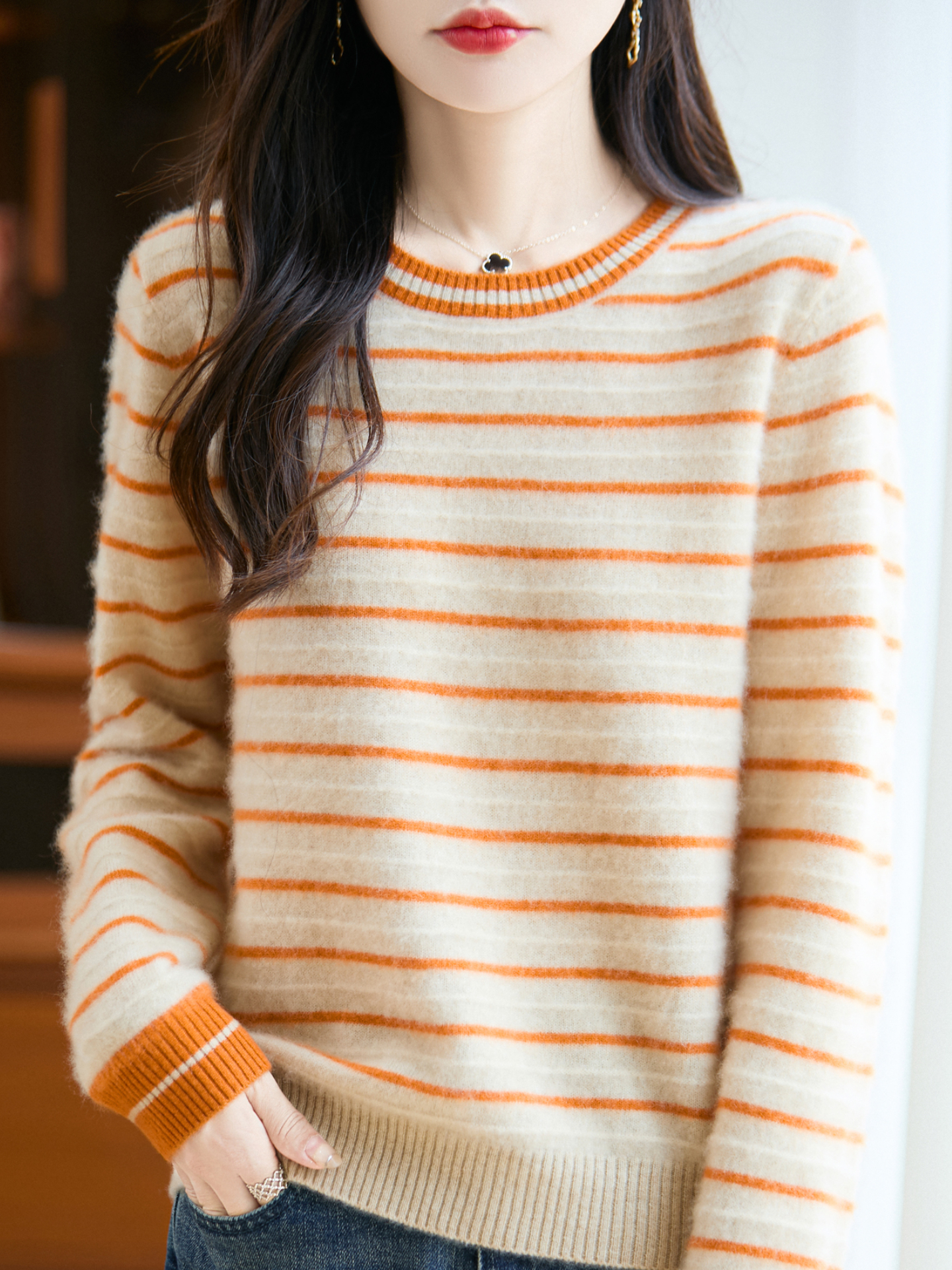 法式%纯羊毛衫女圆领条纹上衣秋冬新款针织内搭毛衣宽松打底衫