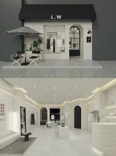 实体店铺女装店服装店设计简约高级门头设计3D效果图平面图施工图