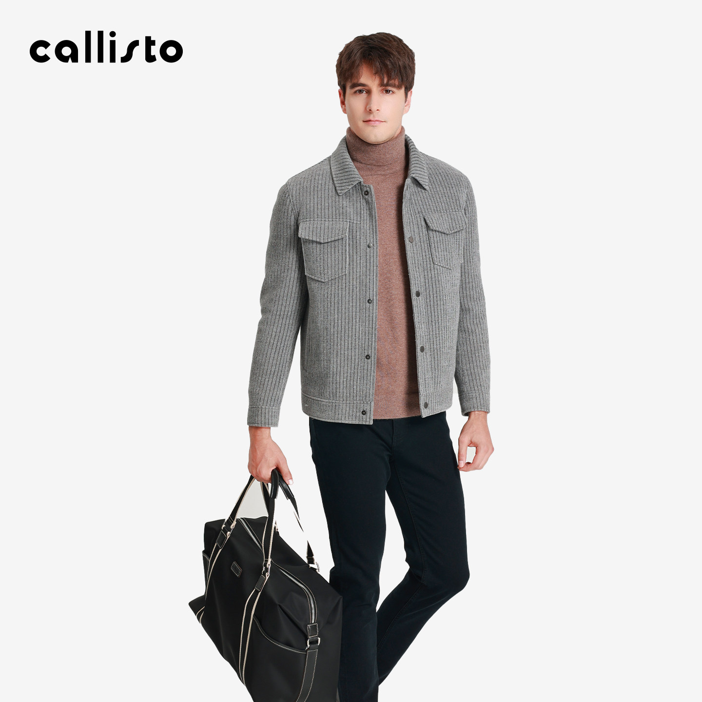 【商场同款】callisto2025冬季新品男士翻领鹅绒灰色条纹尼克服