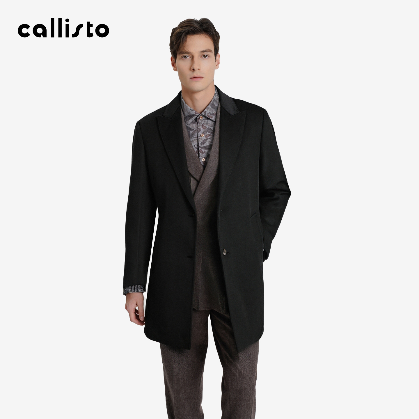 CALLISTO2025冬季新款男士中长款戗驳领羊毛羊绒混纺保暖毛呢大衣