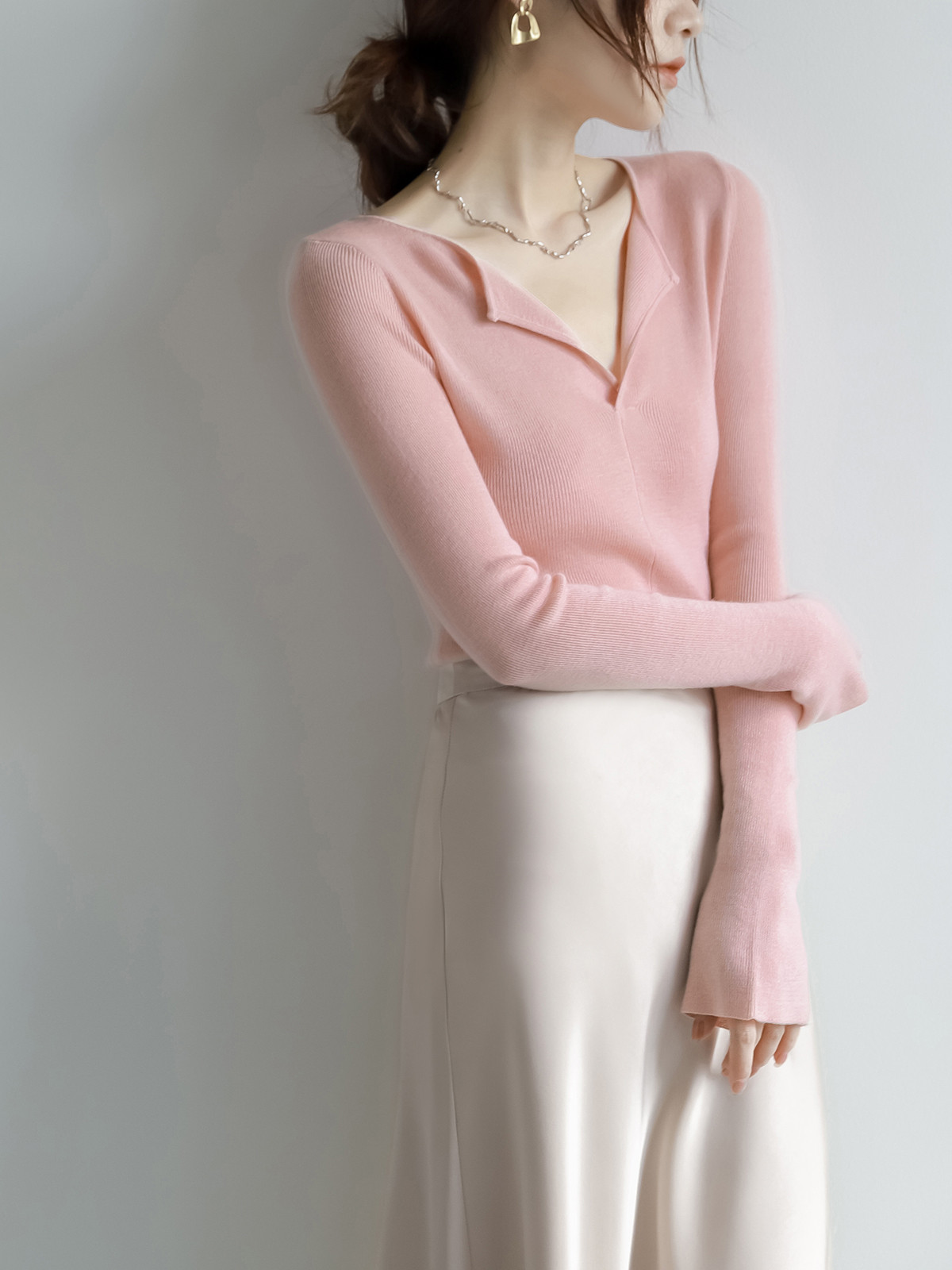 grace zala2024春夏季新款温柔风简约羊绒针织衫百搭羊毛上衣