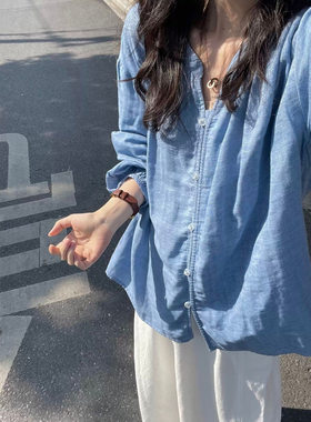 韩系简约百搭天空蓝领亚麻衬衫女2026春夏新款 慵懒松弛感