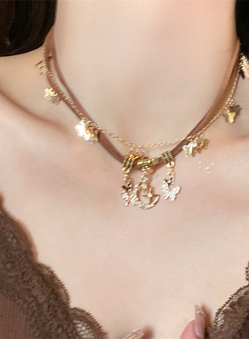 金色月亮蝴蝶双层项链小众美拉德甜酷辣锁骨链配饰女生