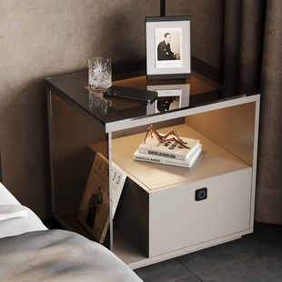 意式 臥室現代簡約INS風指紋鎖床邊柜輕奢實木 極簡床頭柜2025新款