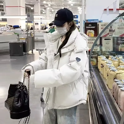 2025冬季新款韩版桃心羽绒棉服女短款宽松连帽加厚女式棉衣外套潮