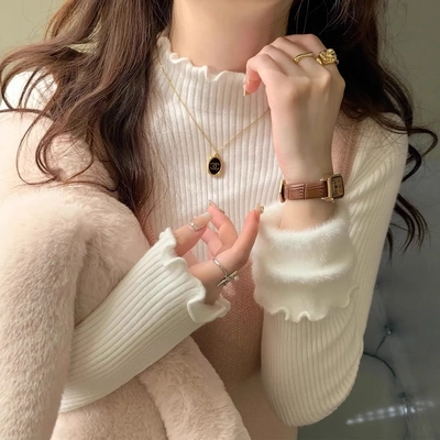 加绒加厚一体绒针织打底衫女木耳边半高领毛衣秋冬季长袖内搭上衣