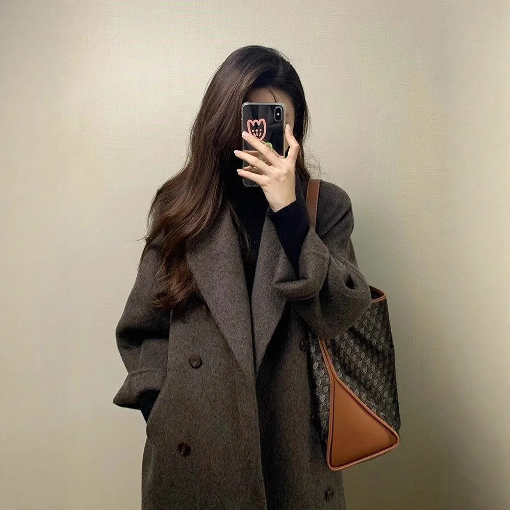 2025新款秋冬韩系西装毛呢子外套中长款美拉德单面羊绒大衣女