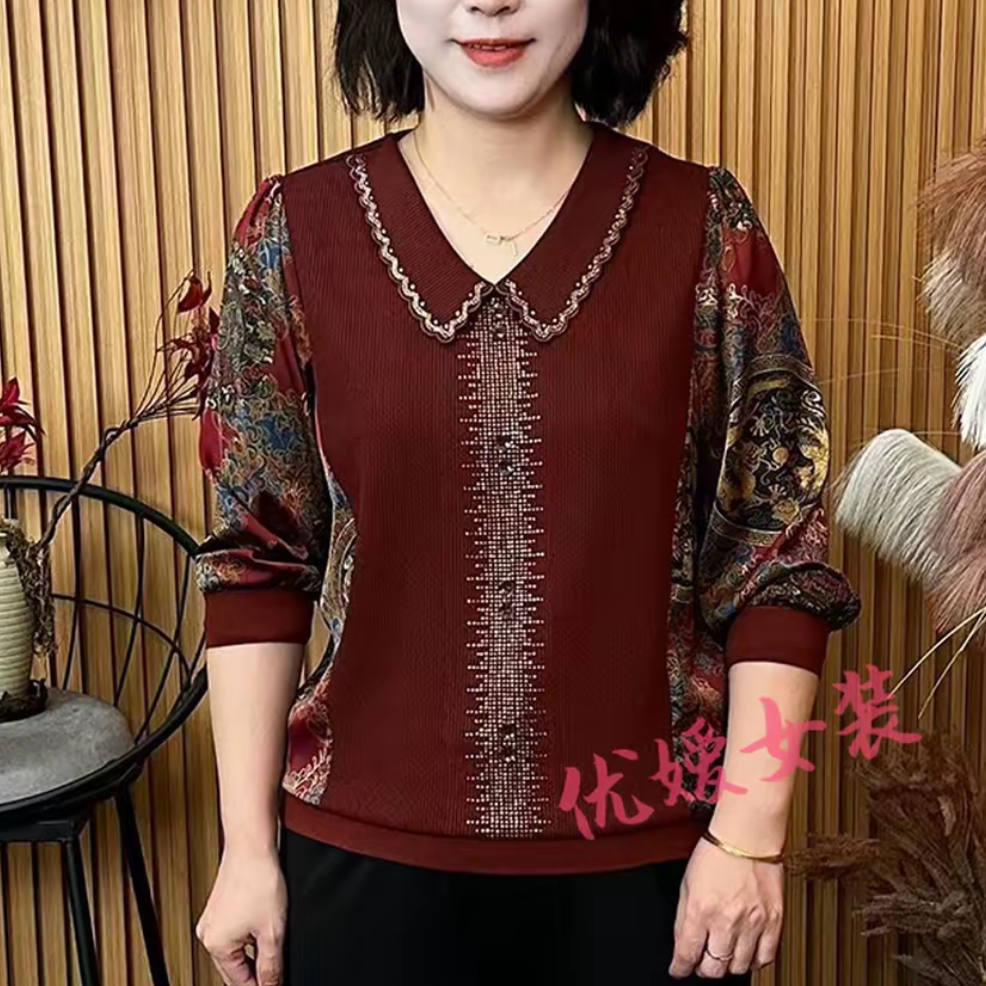 秋季新款时尚纯色显瘦娃娃领烫钻袖子拼接长袖上衣气质妈妈小衫女