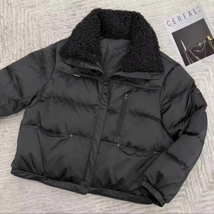 风毛领拼接翻领短款 工装 棉服设计感加厚保暖休闲纯色外套 新款 冬季