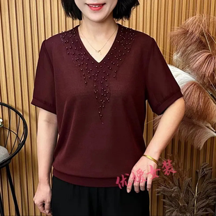 上衣显瘦减龄百搭休闲妈妈装 夏季 洋气短袖 新款 V领钉珠纯色T恤 时尚