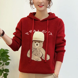 冬季本命年气质红色戴帽套头毛衣女超好看的新年圣诞节穿搭针织衫