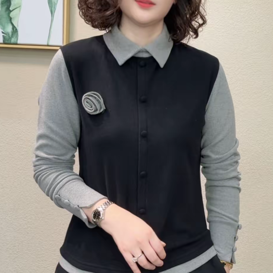 冬季新款百搭宽松显瘦双面澳绒保暖打底休闲娃娃领花朵衬衫领上衣