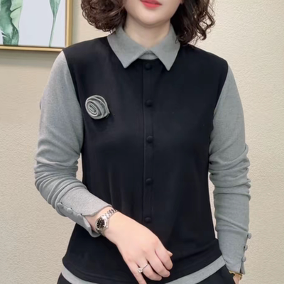 冬季新款百搭宽松显瘦双面澳绒保暖打底休闲娃娃领花朵衬衫领上衣