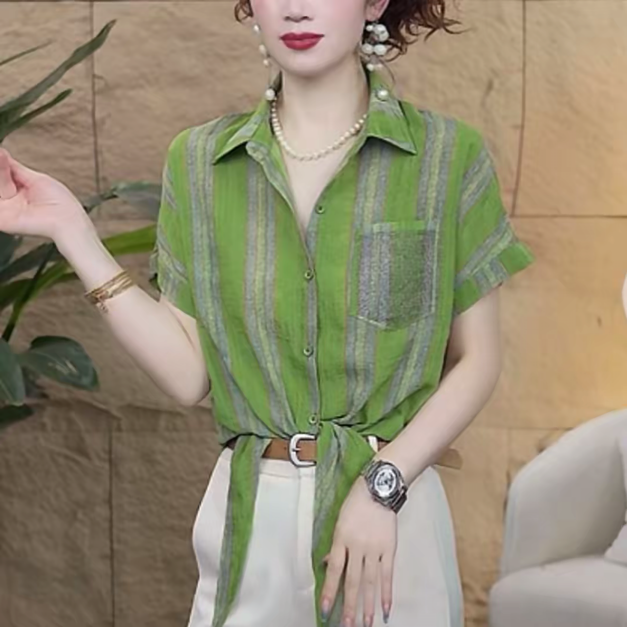 夏季新款时尚洋气翻领短袖衬衫条纹显瘦减龄休闲百搭气质妈妈上衣