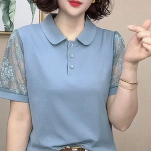 T恤宽松显瘦休闲百搭上衣翻领蕾丝拼接小衫 夏季 洋气短袖 新款 时尚