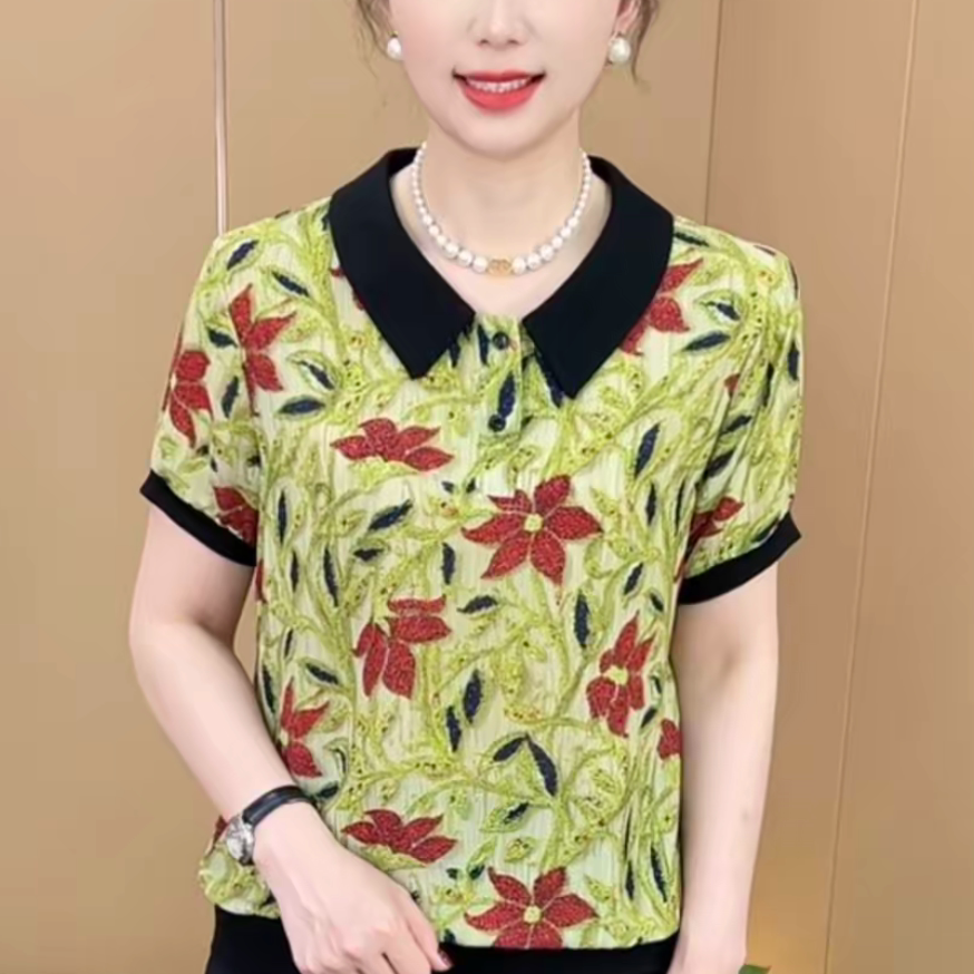 夏季新款娃娃领印花短袖气质百搭显瘦减龄宽松洋气拼接大花打底衫