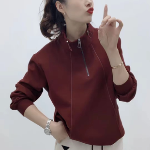 冬季 时尚 洋气长袖 卫衣显瘦减龄设计感半拉链宽松加厚休闲上衣 新款