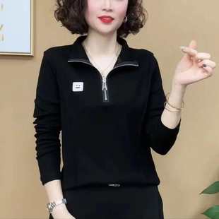 春秋长袖 翻领新款 上衣立领POLO衫 洋气休闲减龄半拉链卫衣女T恤衫