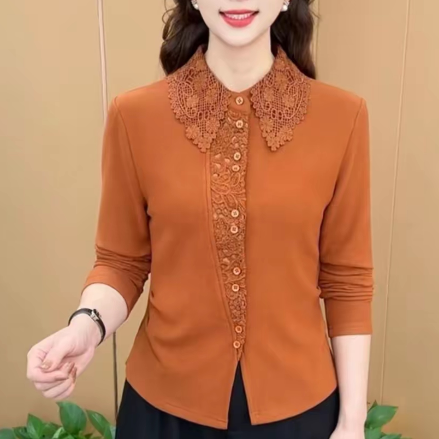 冬季新款时尚百搭蕾丝拼接宽松显瘦双面澳绒保暖打底休闲衬衫上衣