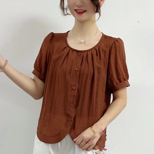女夏季 简约圆领短袖 衬衫 时尚 妈妈装 新款 小衫 洋气宽松百搭休闲短款