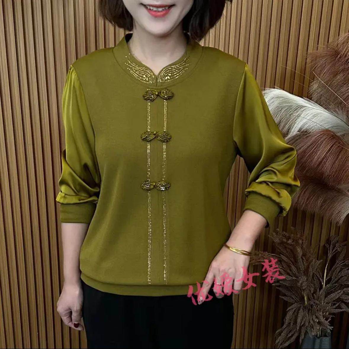 秋季新款盘扣减龄上衣纯色拼接烫钻设计感洋气妈妈套头国风打底衫,女装/女士精品,中老年女装,淘宝优惠券,粉丝福利购,淘宝优惠卷