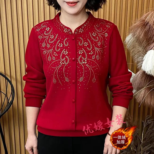 冬季新款加绒加厚上衣洋气印花烫钻减龄新中式妈妈立领保暖上衣女