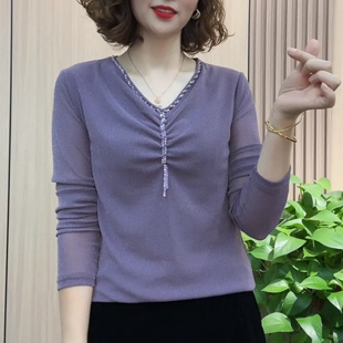 设计感减龄小衫 V领弹力网纱上衣气质百搭显瘦纯色订珠款 新款 夏季