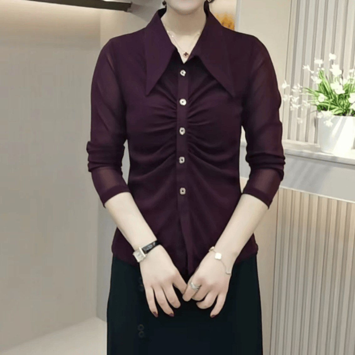 上衣秋季显瘦长袖褶皱遮肉时尚